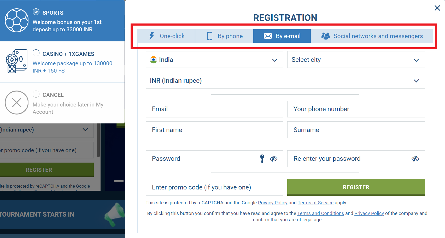 1xBet sign up procedure